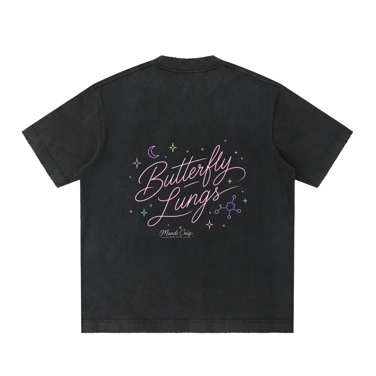 Back view of black Butterfly Lungs™ vintage washed T-shirt by Mandi Cruz Media featuring signature Butterfly Lungs artwork.