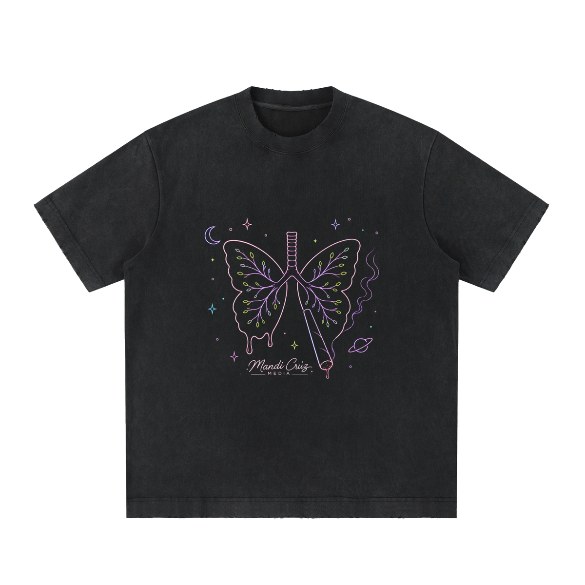 Front view of black Butterfly Lungs™ heavyweight vintage washed T-shirt by Mandi Cruz Media with premium oversized streetwear fit.