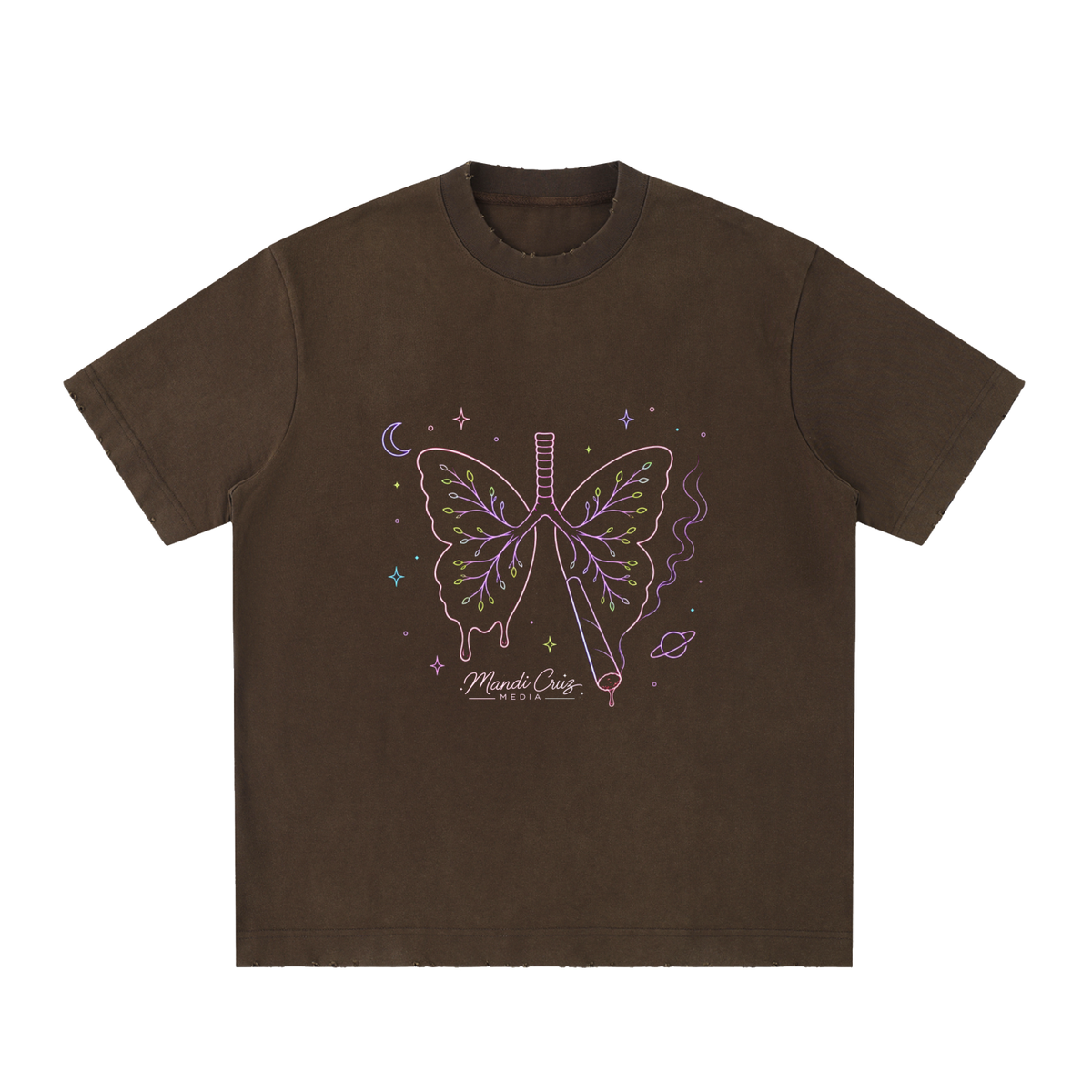 Front view of Coffee Butterfly Lungs™ heavyweight vintage washed T-shirt by Mandi Cruz Media with frayed details and oversized fit.