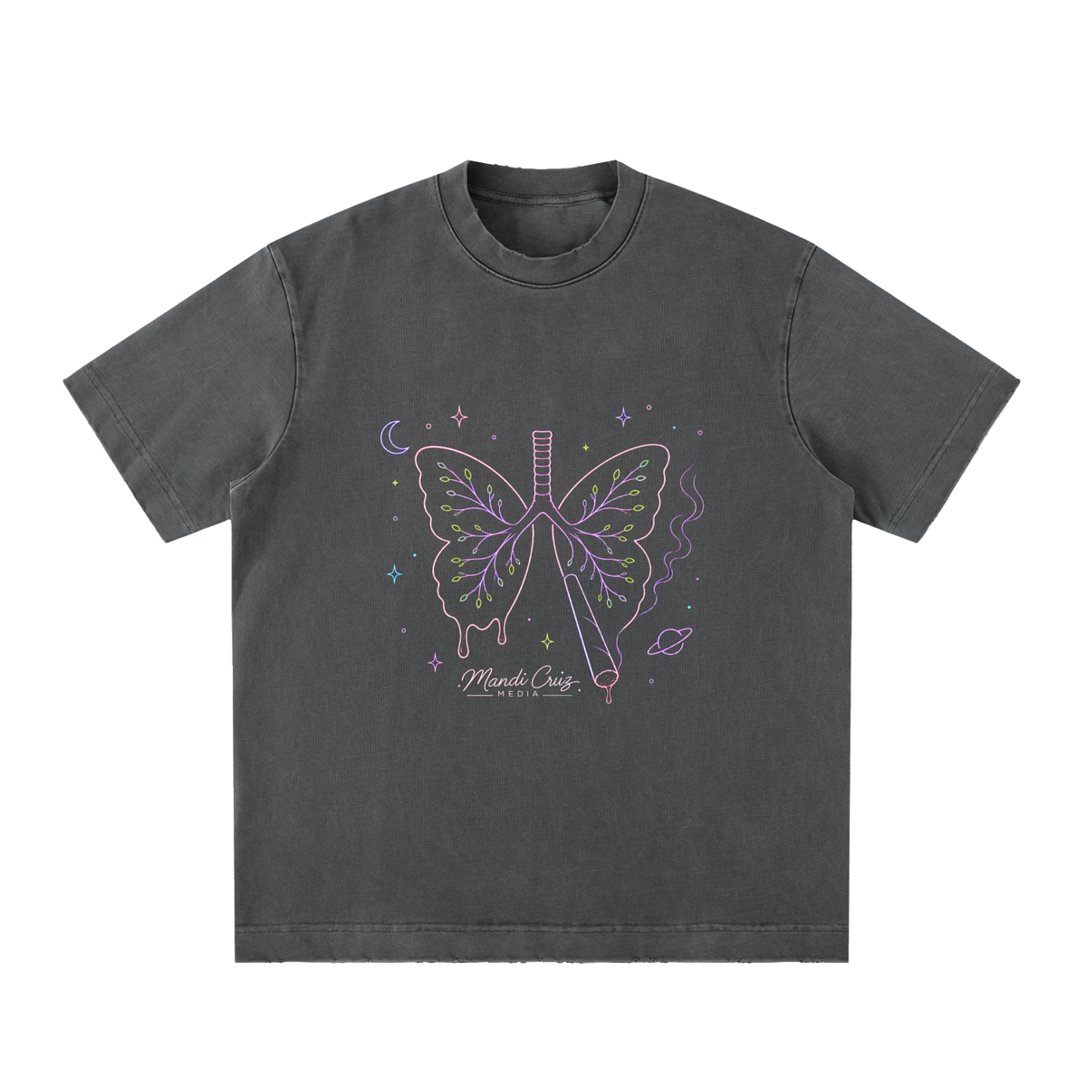 Front view of Dark Gray Butterfly Lungs™ heavyweight vintage washed T-shirt by Mandi Cruz Media with oversized unisex silhouette.