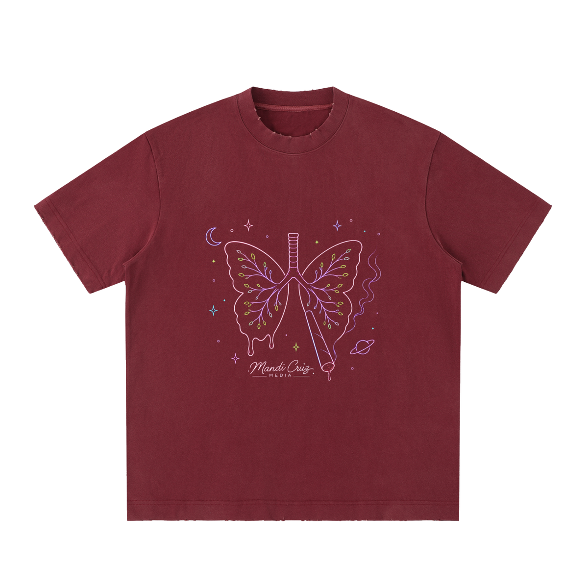 Front view of Dull Red Butterfly Lungs™ heavyweight vintage washed T-shirt by Mandi Cruz Media with relaxed oversized fit.