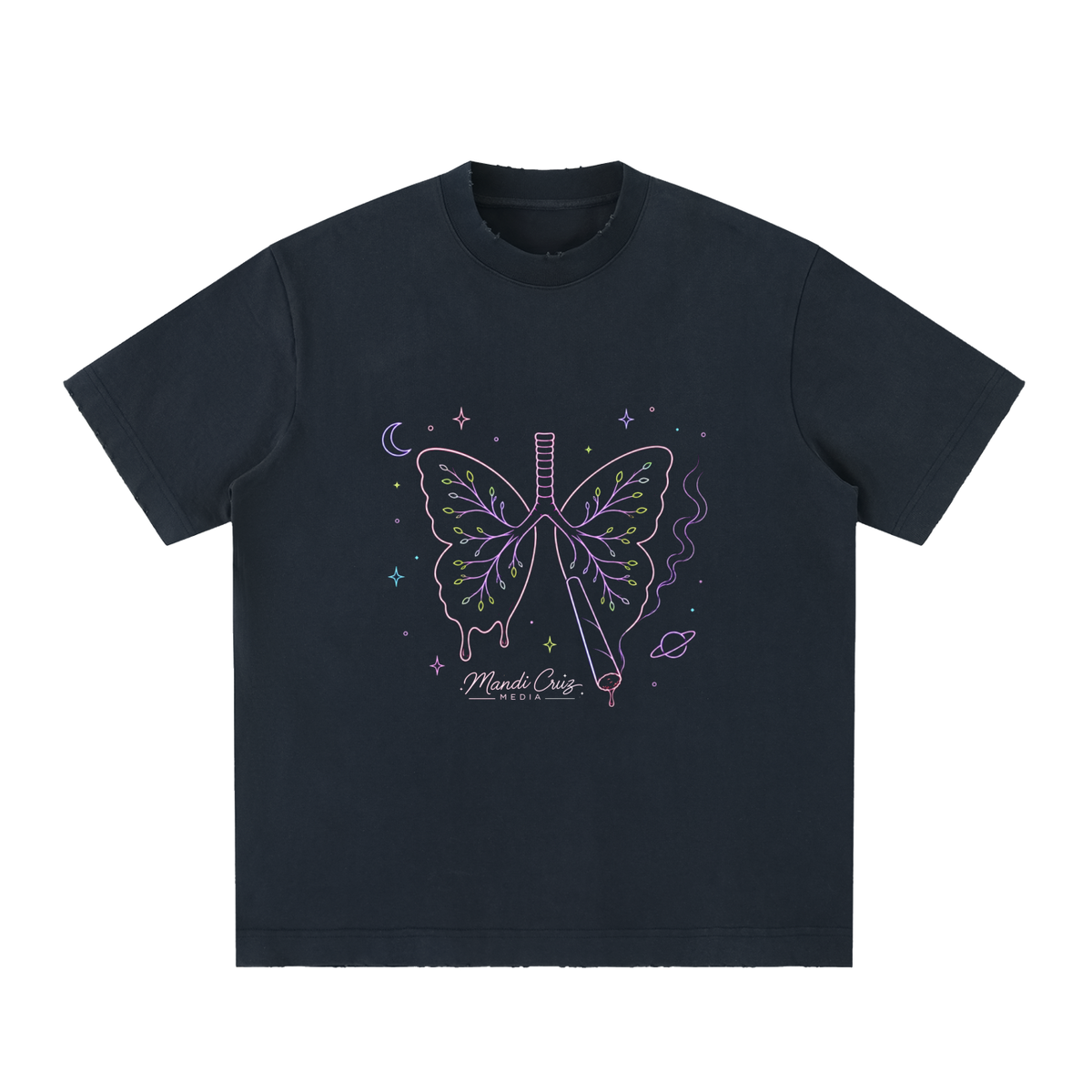 Front view of Navy Blue Butterfly Lungs™ heavyweight vintage washed T-shirt by Mandi Cruz Media with relaxed unisex fit