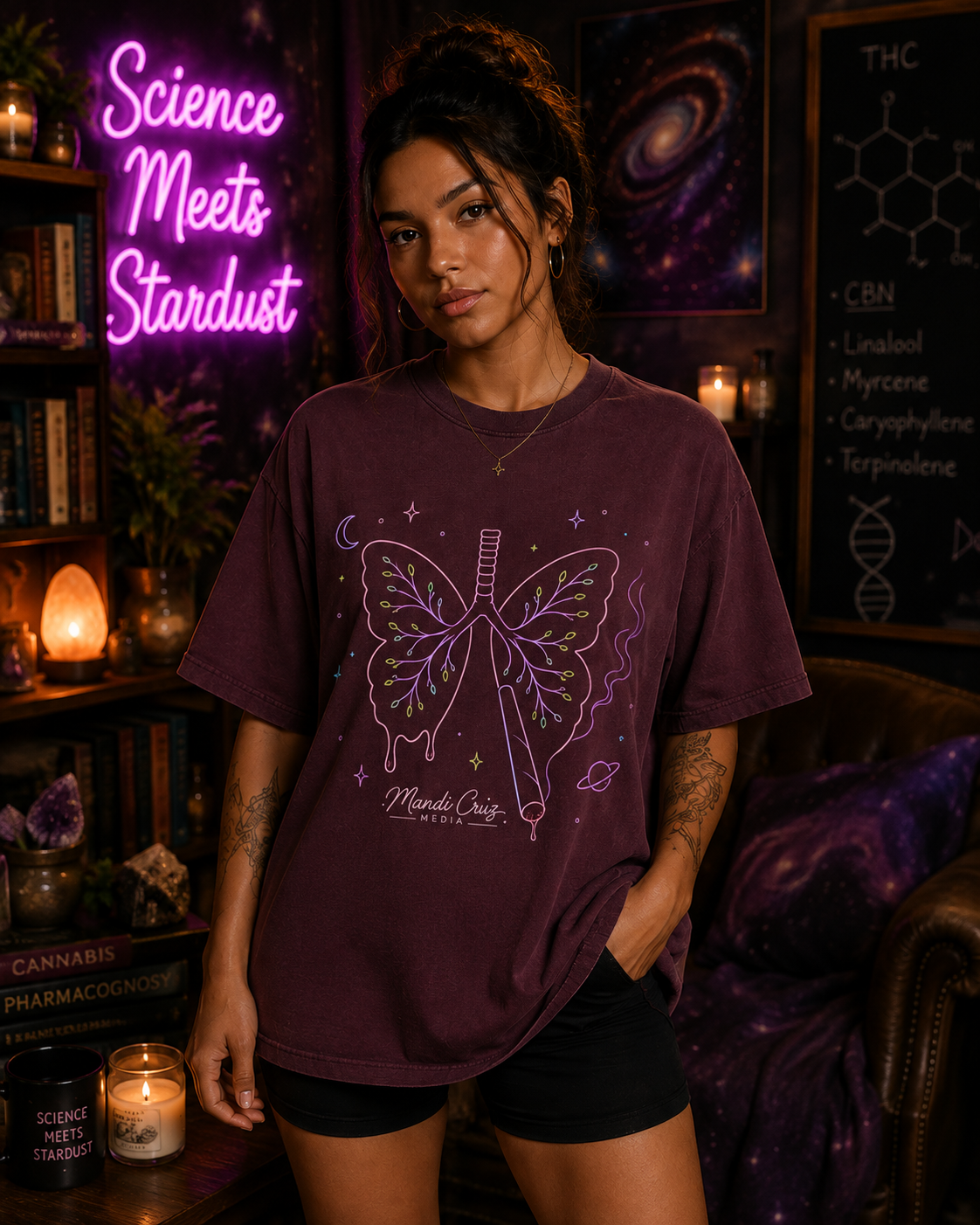 Lifestyle front view of a model wearing the Mandi Cruz Media Butterfly Lungs™ heavyweight vintage washed T-shirt with oversized streetwear fit.