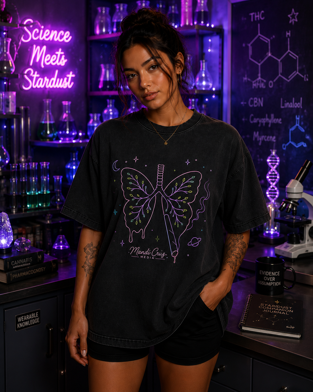 Lifestyle front view of a model wearing the Mandi Cruz Media Butterfly Lungs™ heavyweight vintage washed T-shirt with oversized streetwear fit.

Lifestyle 2 — Back