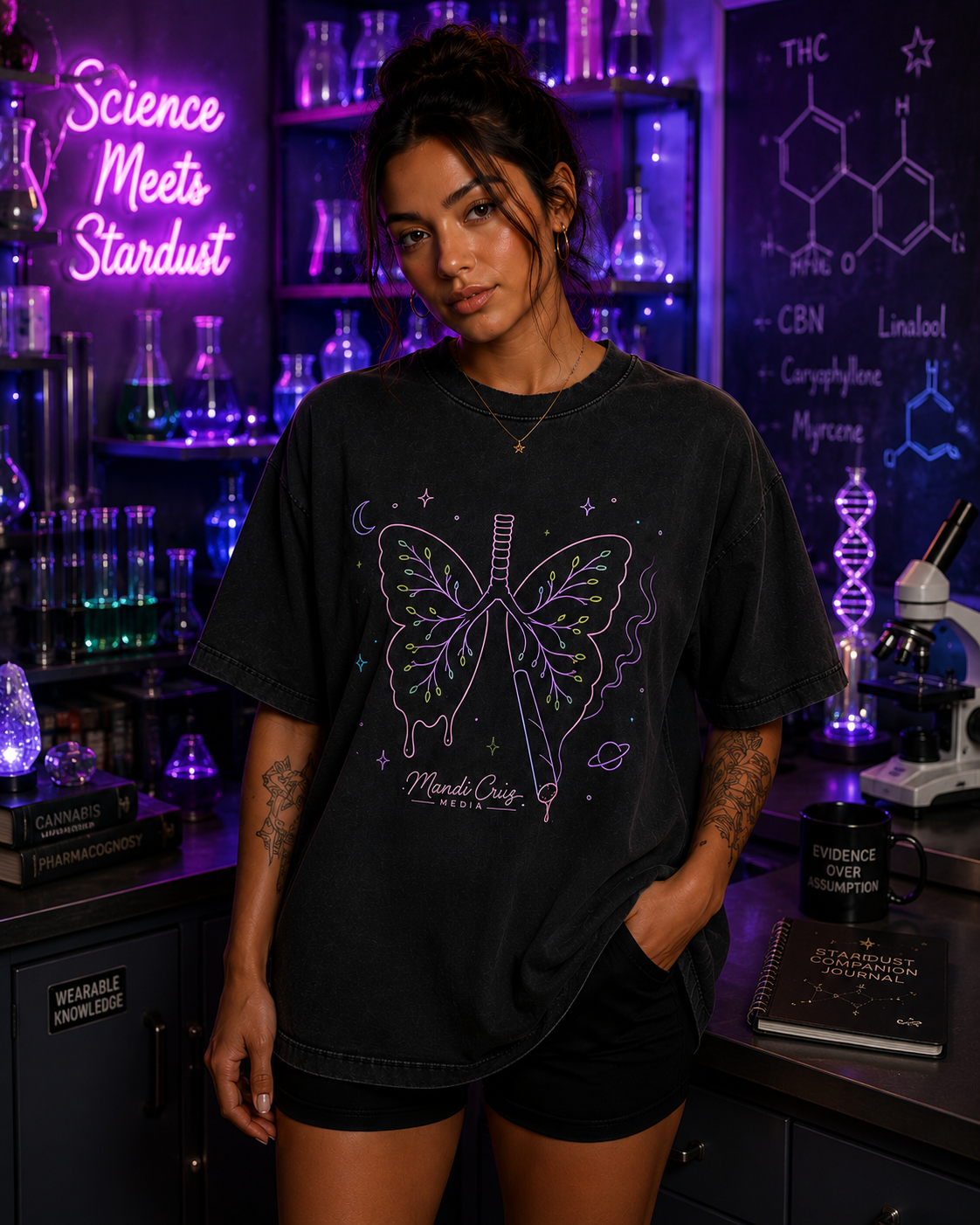 Lifestyle front view of a model wearing the Mandi Cruz Media Butterfly Lungs™ heavyweight vintage washed T-shirt with oversized streetwear fit.

Lifestyle 2 — Back