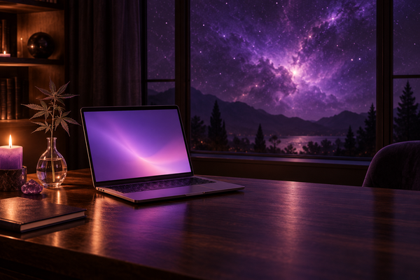 Glowing laptop on a dark wooden desk with purple candlelight, a cannabis plant in a glass vase and a cosmic view.
