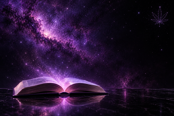 Open book glowing with violet light beneath a purple nebula and delicate cannabis-leaf constellation.