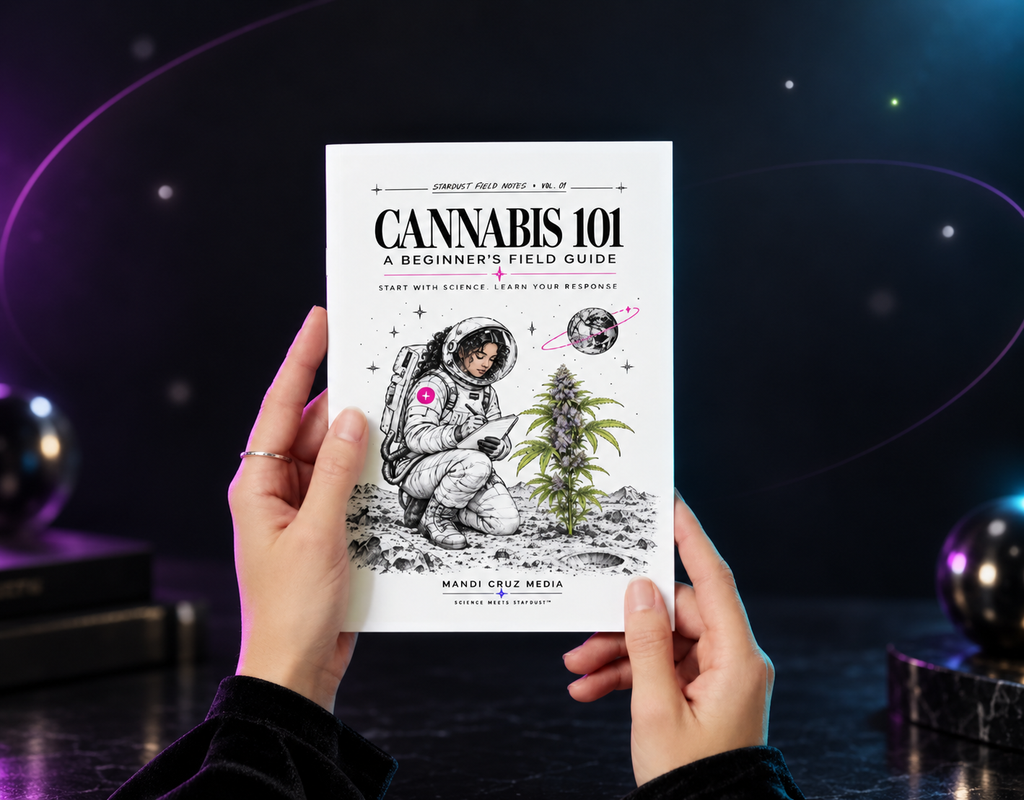 Hands holding the Cannabis 101 beginner’s field guide against a dark cosmic background.