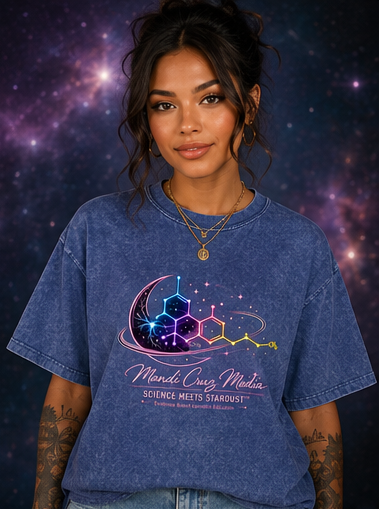 Model wearing the Mandi Cruz Media Science Meets Stardust™ acid wash tee with a relaxed oversized streetwear silhouette.