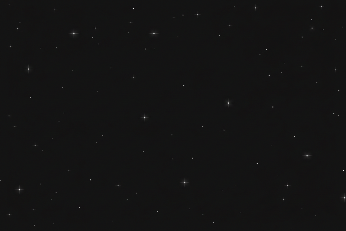 Black starfield background scattered with small white stars and subtle points of light.