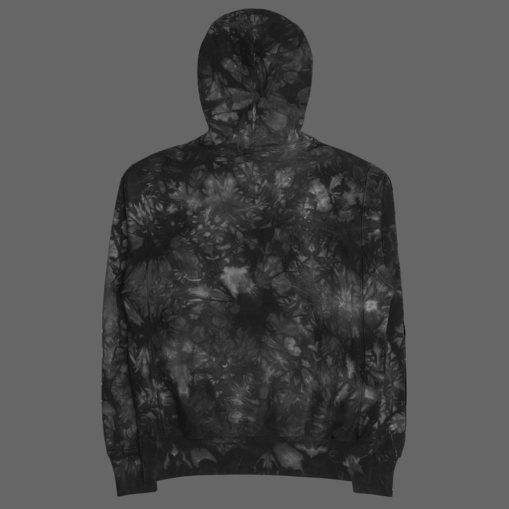 Back product view of the black-and-charcoal Champion tie-dye hoodie with a unique scrunch-dye pattern