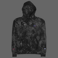 Front product view of the black-and-charcoal Champion tie-dye hoodie with MC chest embroidery and a kangaroo pocket.