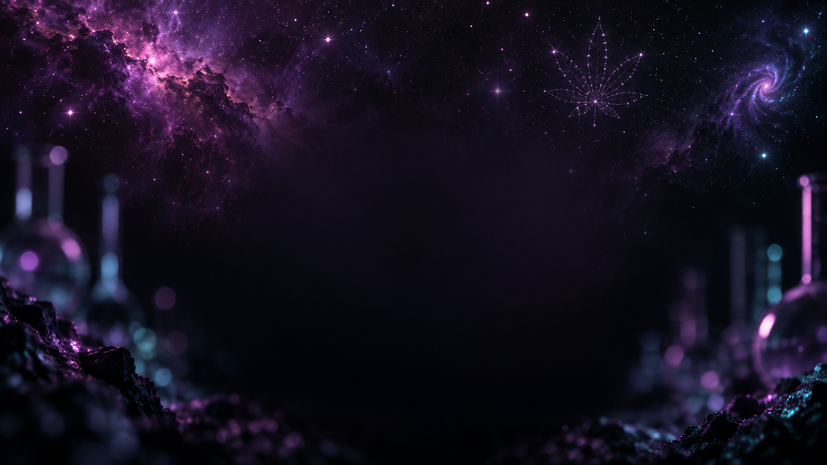 Wide black cosmic laboratory background with purple nebulae, stars and softly blurred glassware framing open space for text.