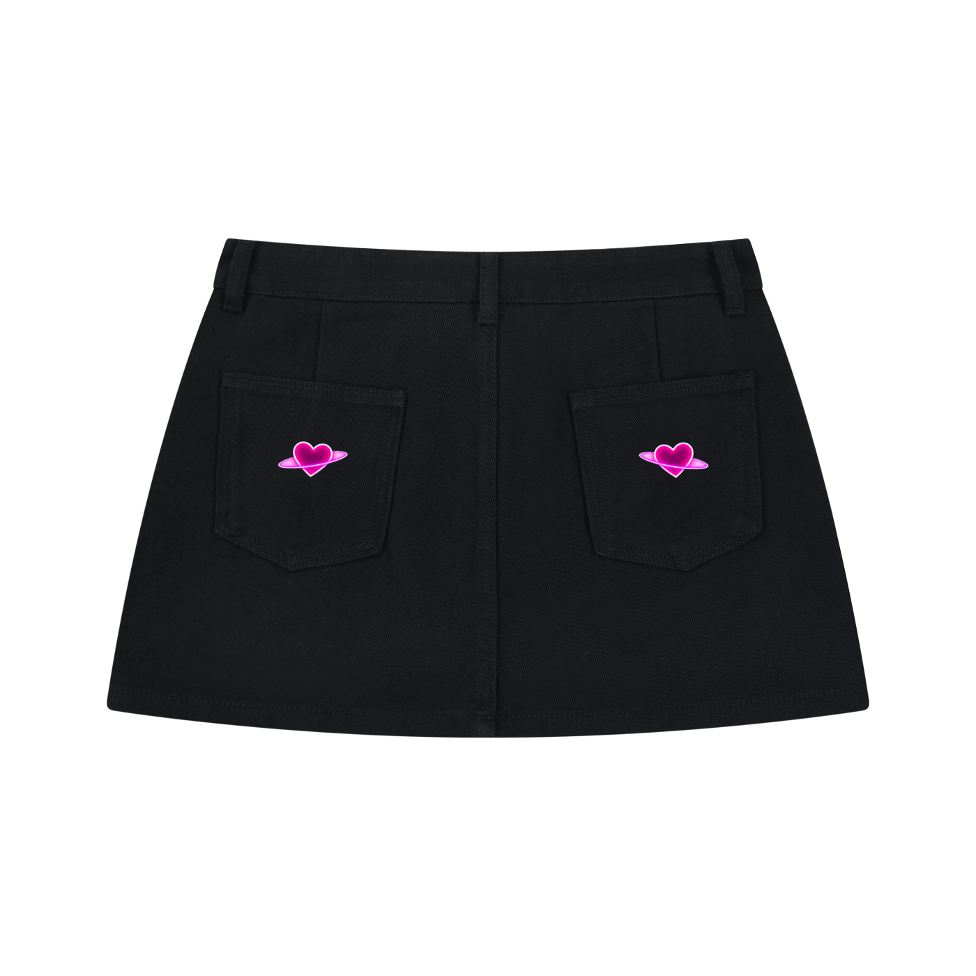 Back product view of the Electric Stardust black denim mini skirt featuring two back pockets with pink embroidered heart details.