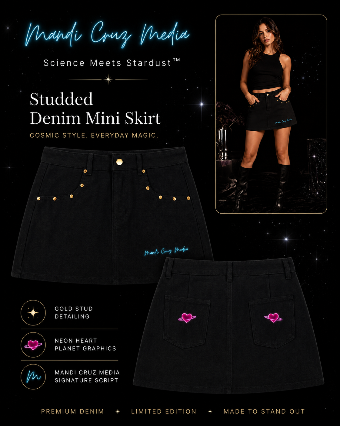 Electric Stardust black denim mini skirt product guide showing front and back views, gold stud detailing, neon heart graphics, signature branding, and styled model view.