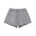 Science Meets Stardust™ gray snow-washed lounge shorts by Mandi Cruz Media with cosmic leaf front graphic and raw-edge hem