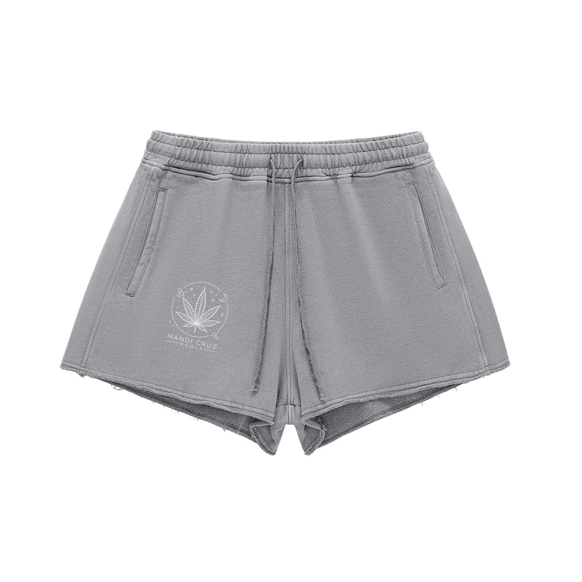 Science Meets Stardust™ gray snow-washed lounge shorts by Mandi Cruz Media with cosmic leaf front graphic and raw-edge hem