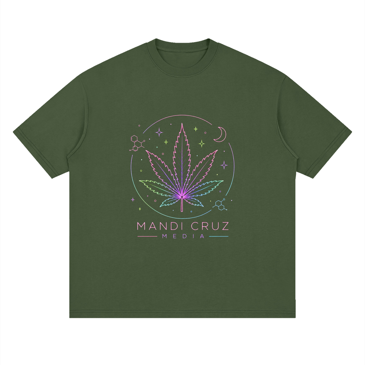Front view of Army Green Mandi Cruz Media loose drop shoulder T-shirt with relaxed oversized silhouette.