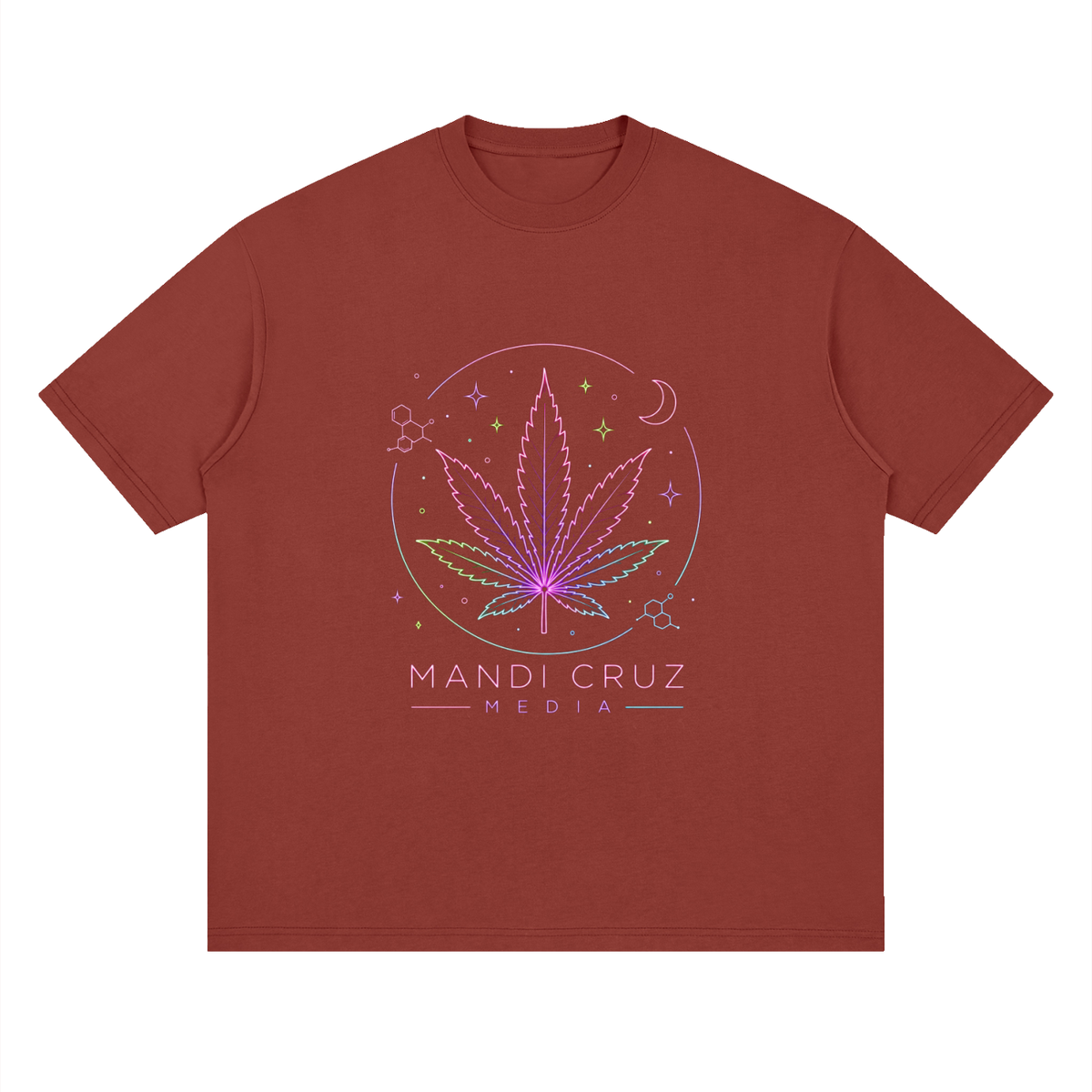 Front view of Brick Red Mandi Cruz Media loose drop shoulder T-shirt with casual oversized streetwear fit.
