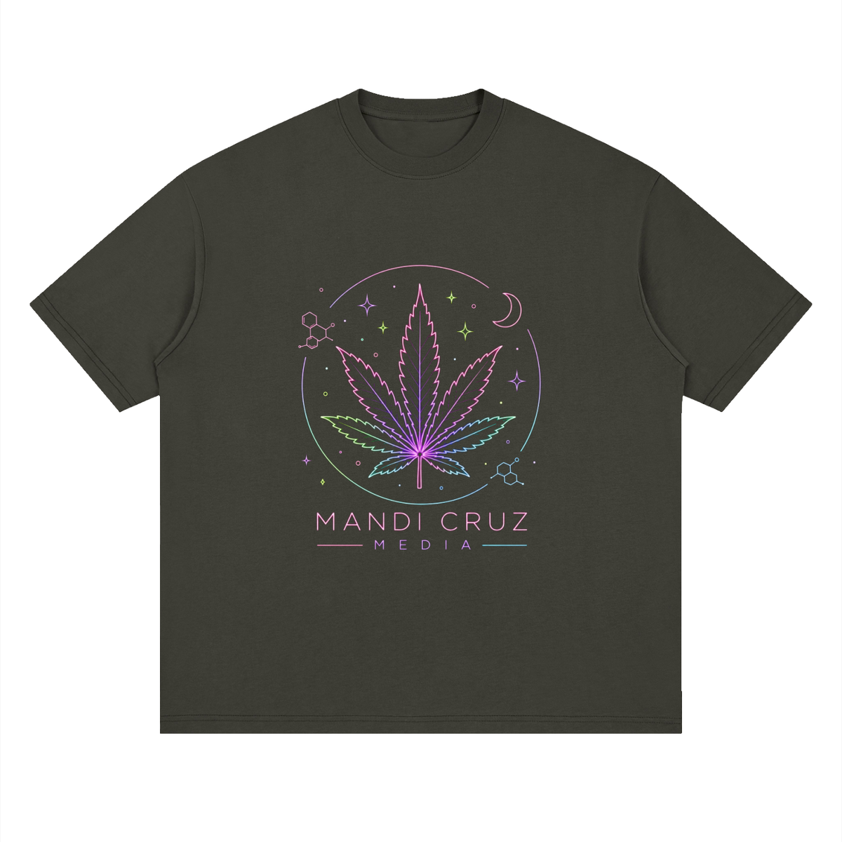 Front view of Dark Gray Mandi Cruz Media loose drop shoulder T-shirt with relaxed unisex fit.