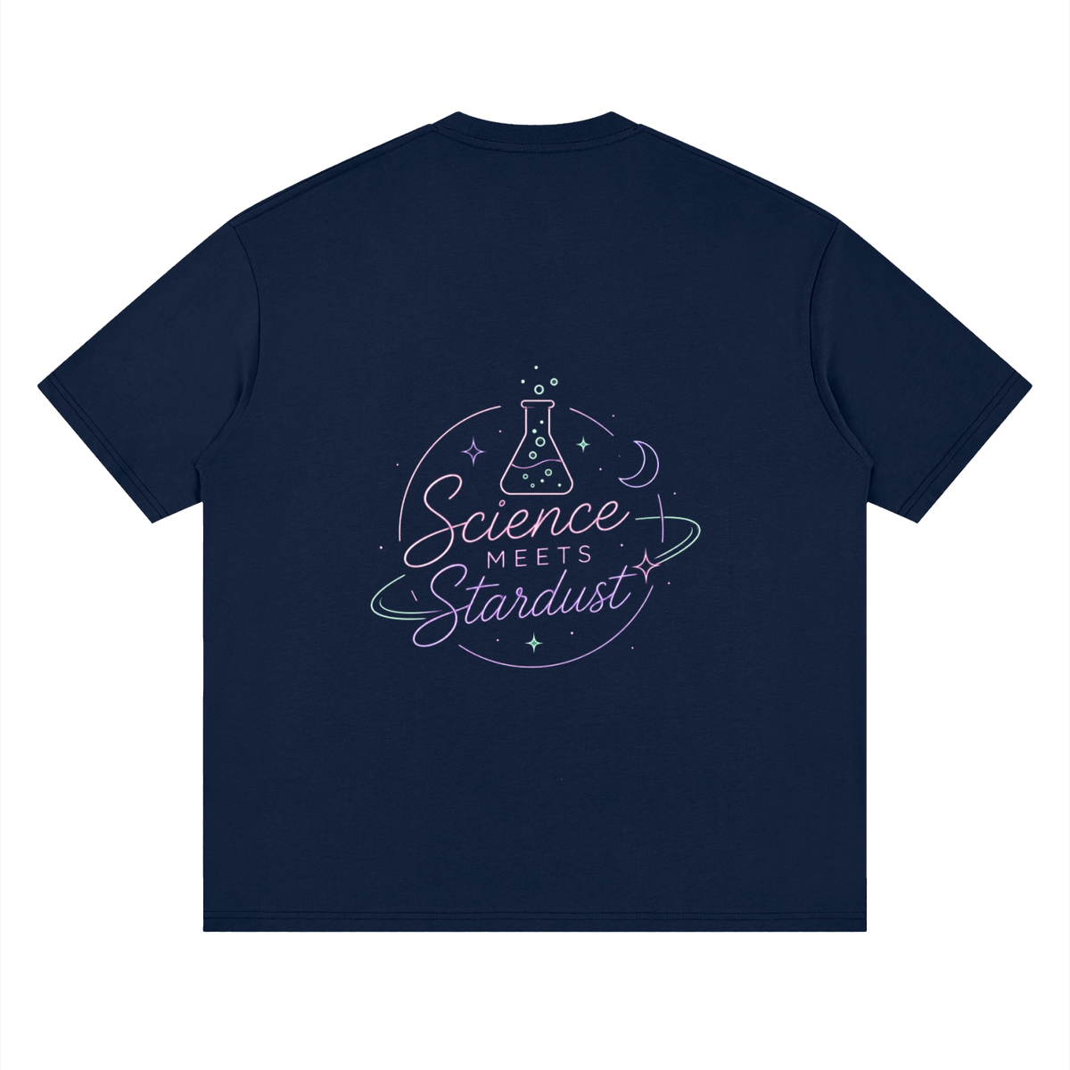 Back view of Navy Blue Mandi Cruz Media loose drop shoulder T-shirt highlighting the large graphic design.
