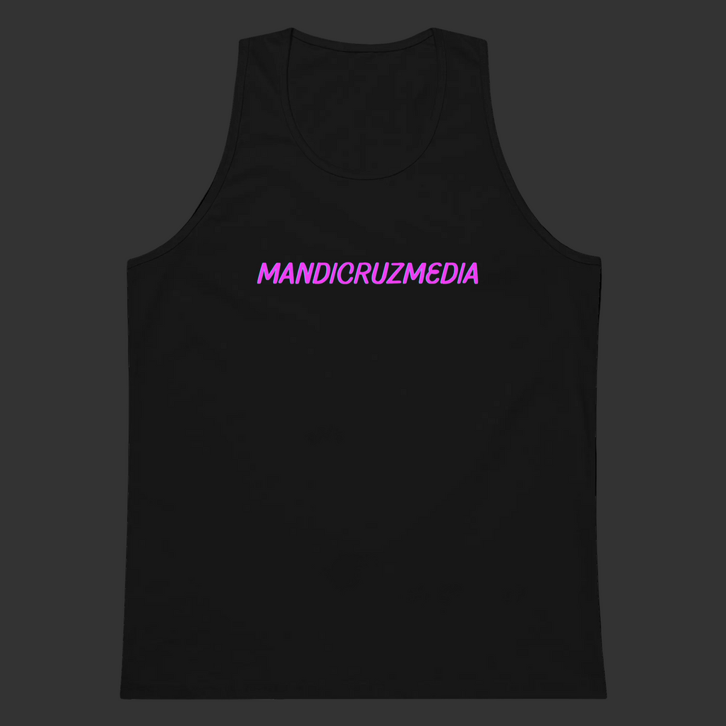 Front product view of the black Mandi Cruz Media men’s premium tank featuring a hot-pink signature logo and longline silhouette.