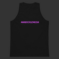 Front product view of the black Mandi Cruz Media men’s premium tank featuring a hot-pink signature logo and longline silhouette.