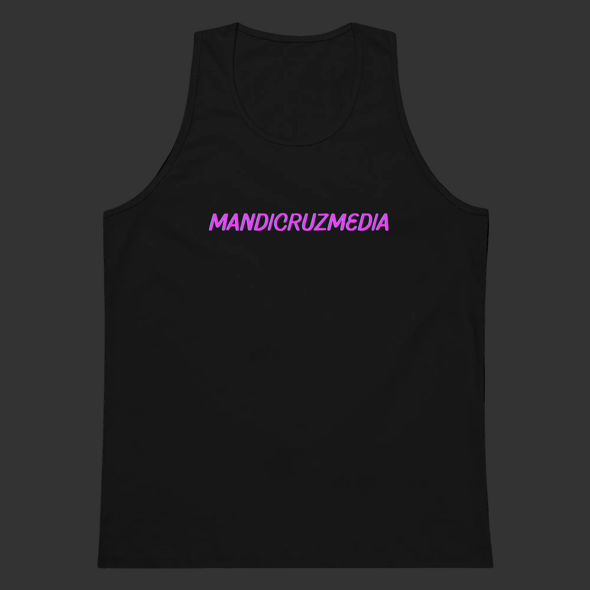 Front product view of the black Mandi Cruz Media men’s premium tank featuring a hot-pink signature logo and longline silhouette.