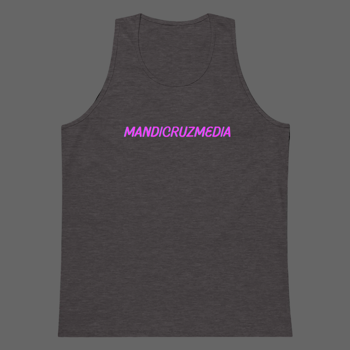 Front product view of the charcoal-heather Mandi Cruz Media men’s premium tank with a hot-pink signature logo.