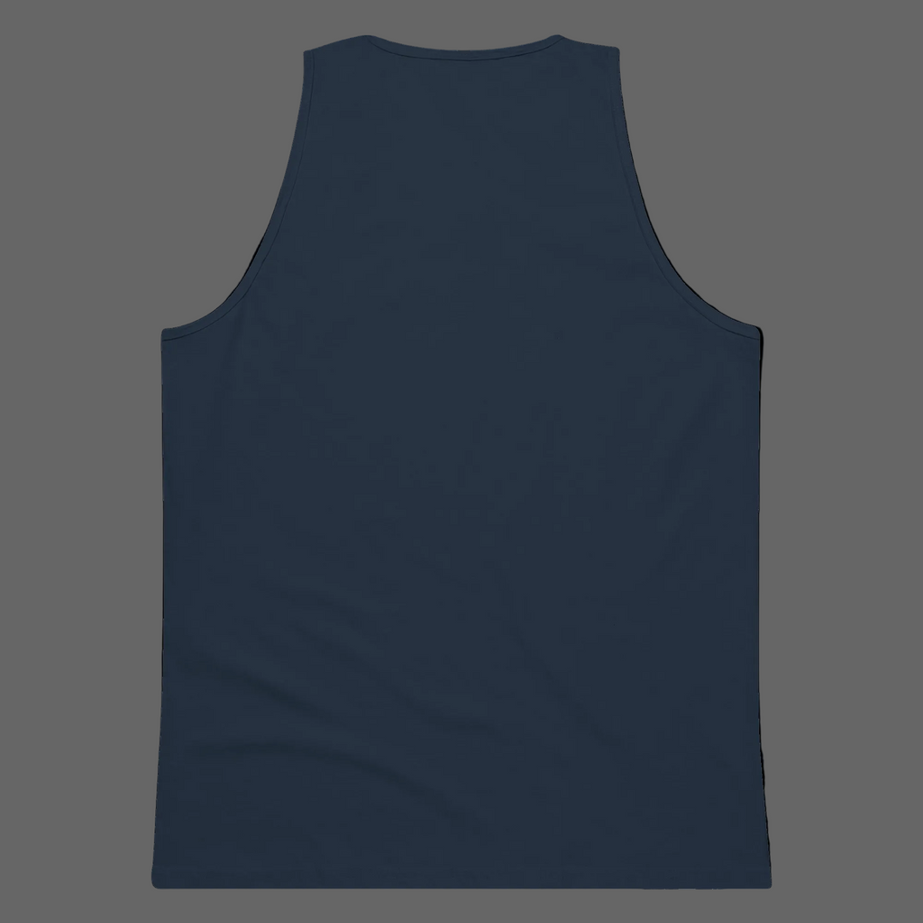 Back product view of the navy Mandi Cruz Media men’s premium longline tank.