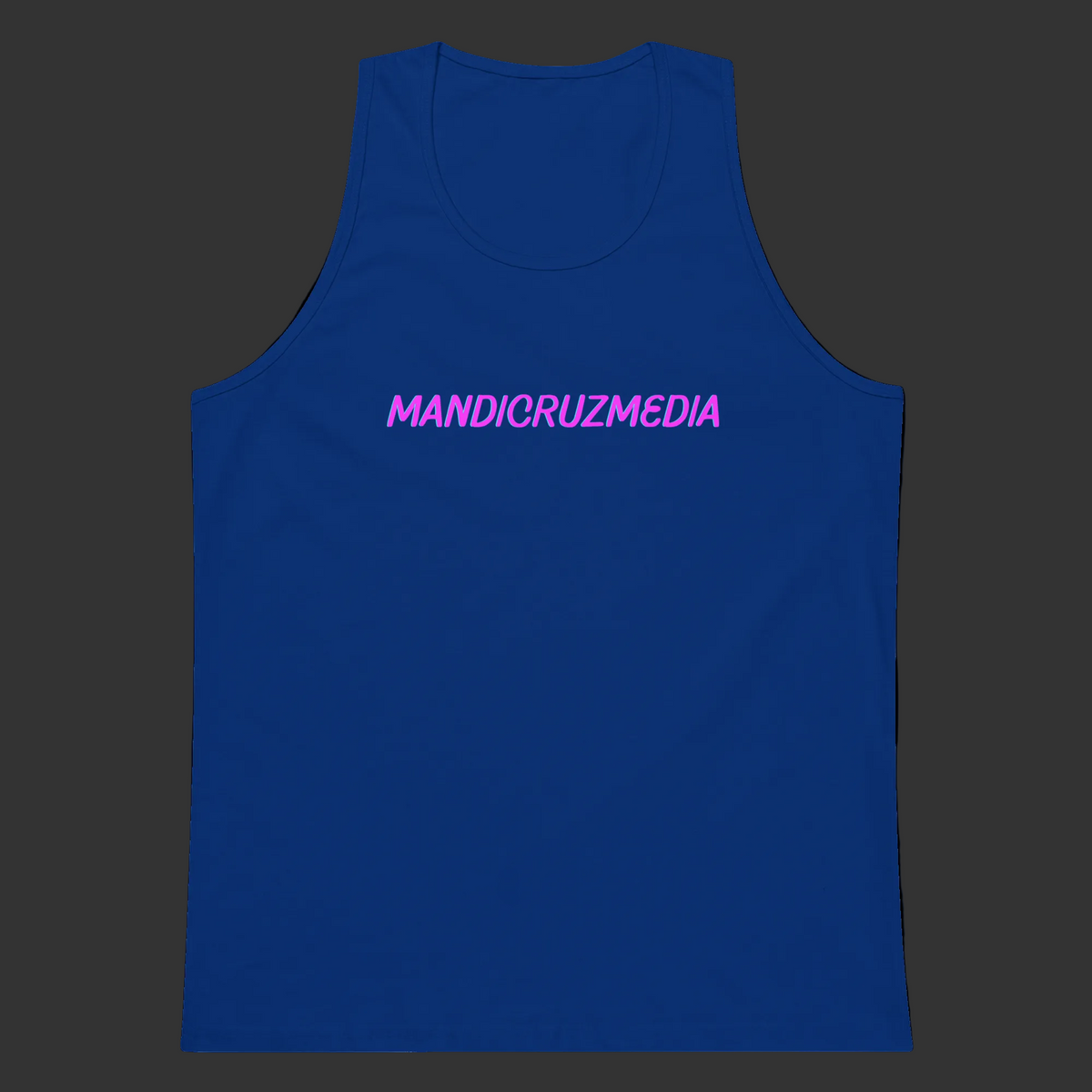 Front product view of the Team Royal blue Mandi Cruz Media men’s premium tank with a hot-pink signature logo.