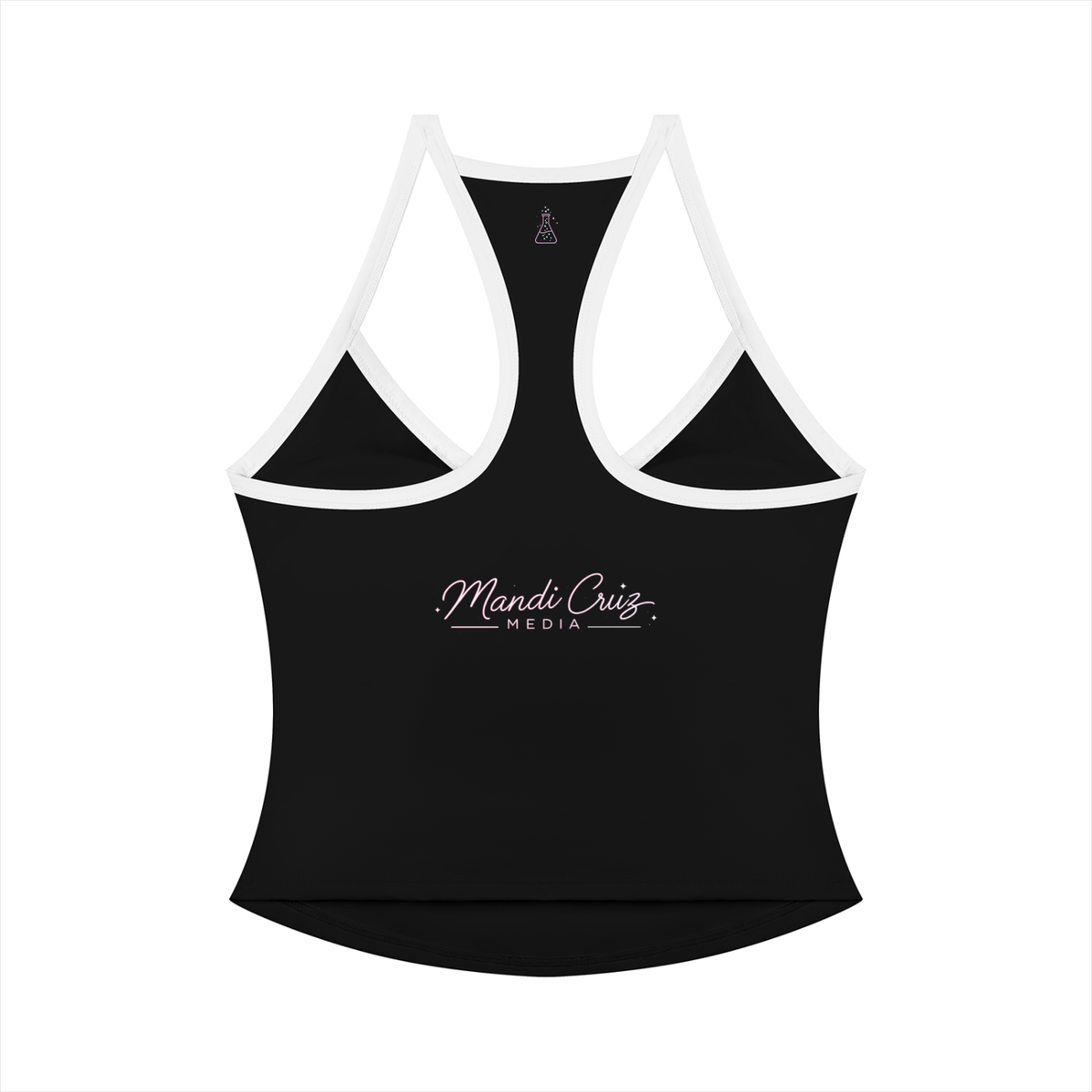 Back view of black Mandi Cruz Media Neon Leaf Yoga Tank Top featuring the pink Mandi Cruz Media script logo and small beaker detail.