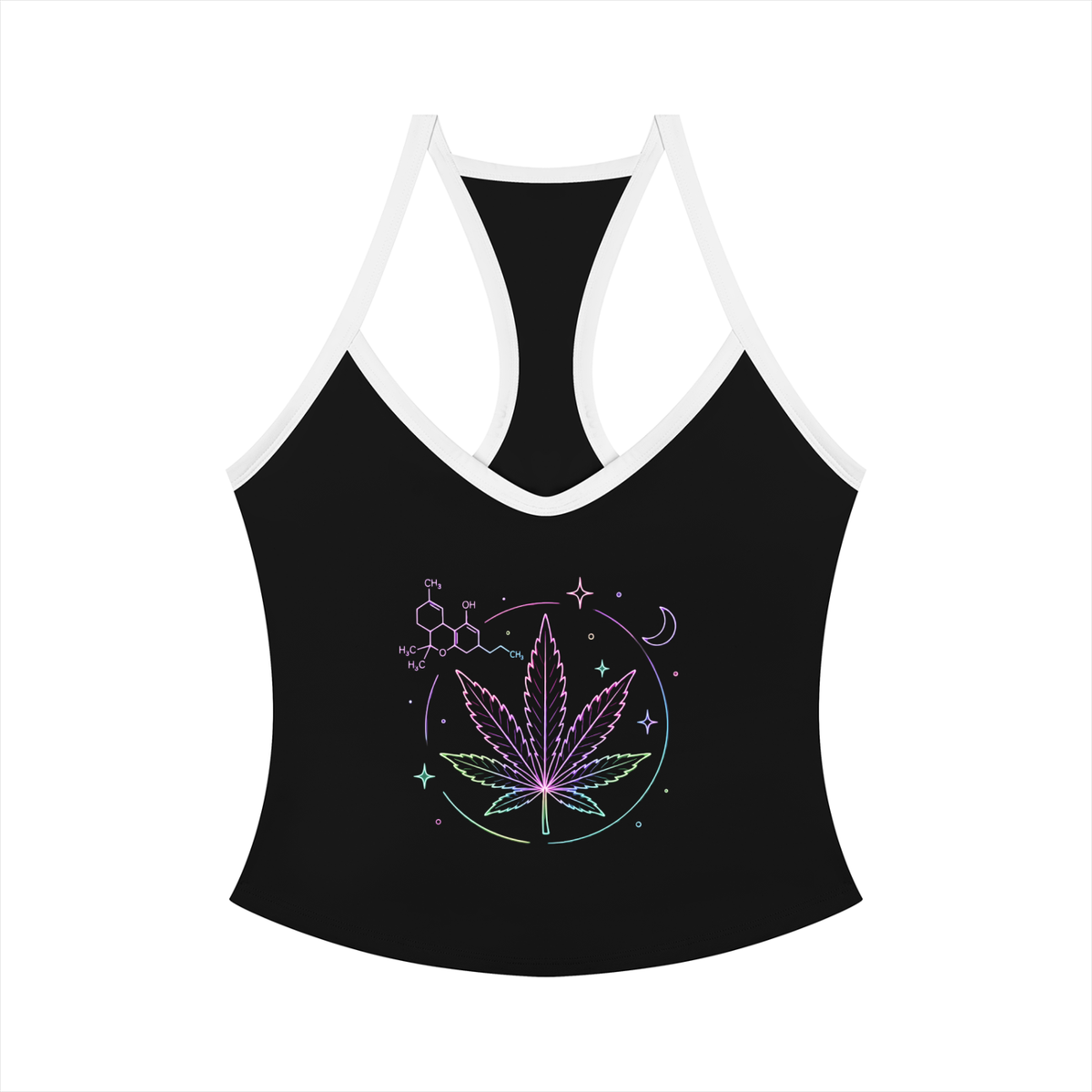 Front view of black Mandi Cruz Media Neon Leaf Yoga Tank Top with white trim and colorful leaf, molecule, moon, and celestial artwork.
