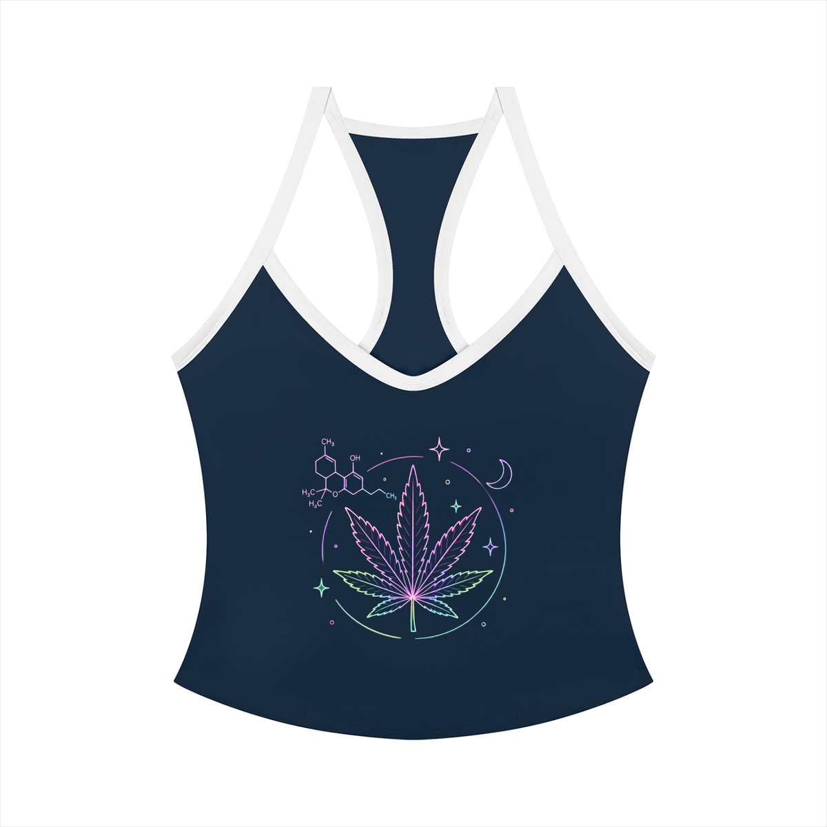 Front view of navy Mandi Cruz Media Neon Leaf Yoga Tank Top with white trim and colorful leaf, molecule, moon, and celestial graphic.