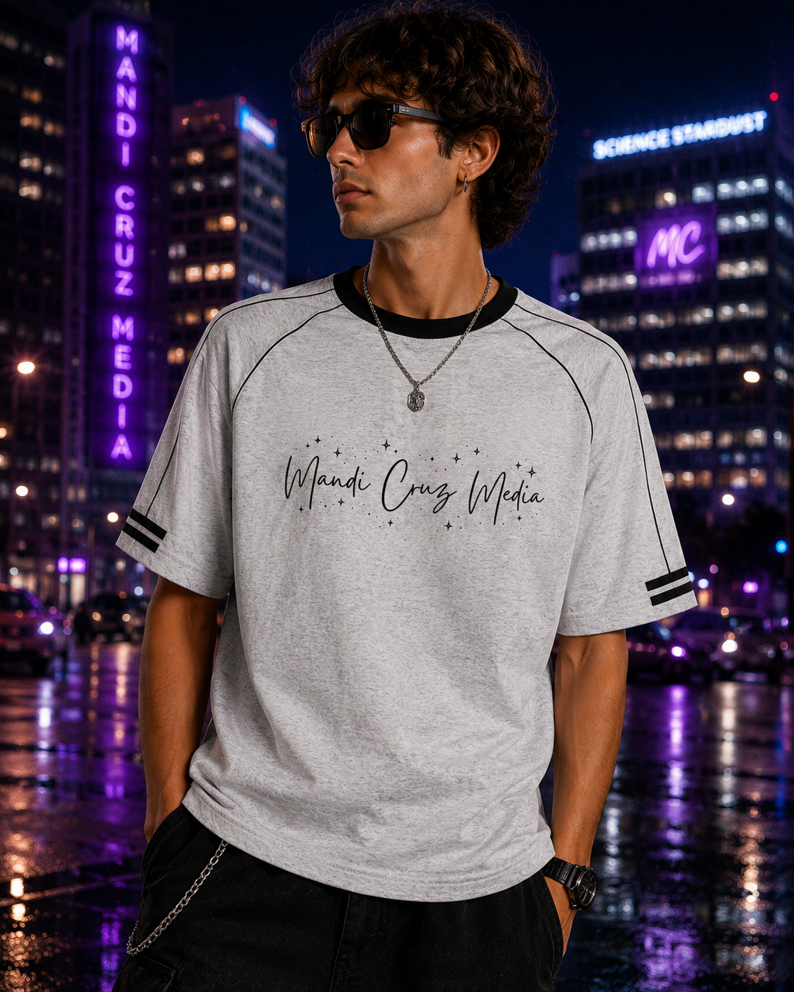 Front lifestyle view of a man wearing the Flower Gray Mandi Cruz Media Signature™ Color Block Raglan Tee in a cosmic urban setting.