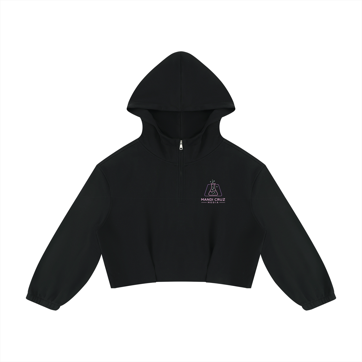 Front view of the black Science Meets Stardust™ Women’s Boxy Quarter-Zip Hoodie featuring the small laboratory flask graphic.