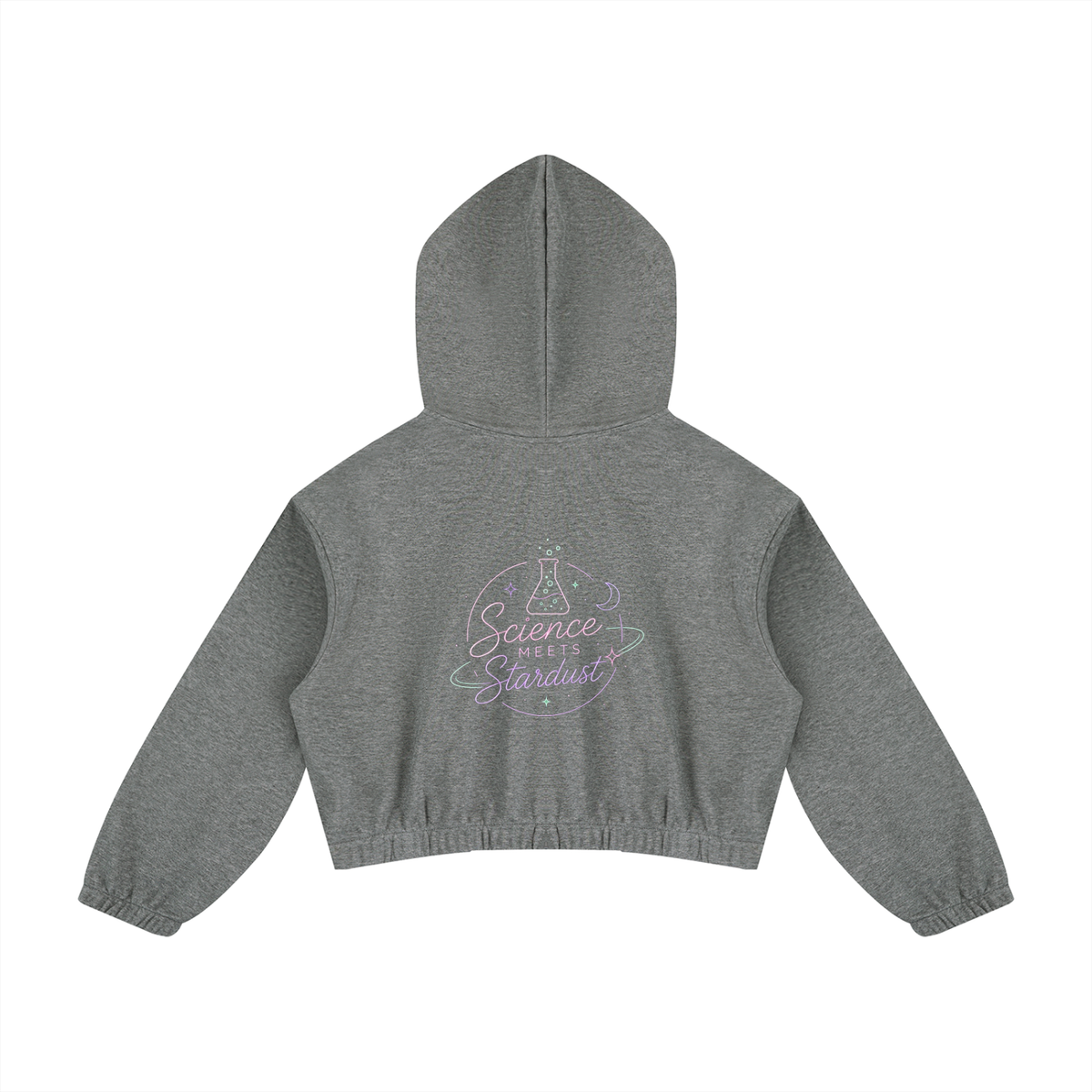 Back view of the Flower Gray Science Meets Stardust™ Women’s Boxy Quarter-Zip Hoodie featuring the oversized Science Meets Stardust artwork.