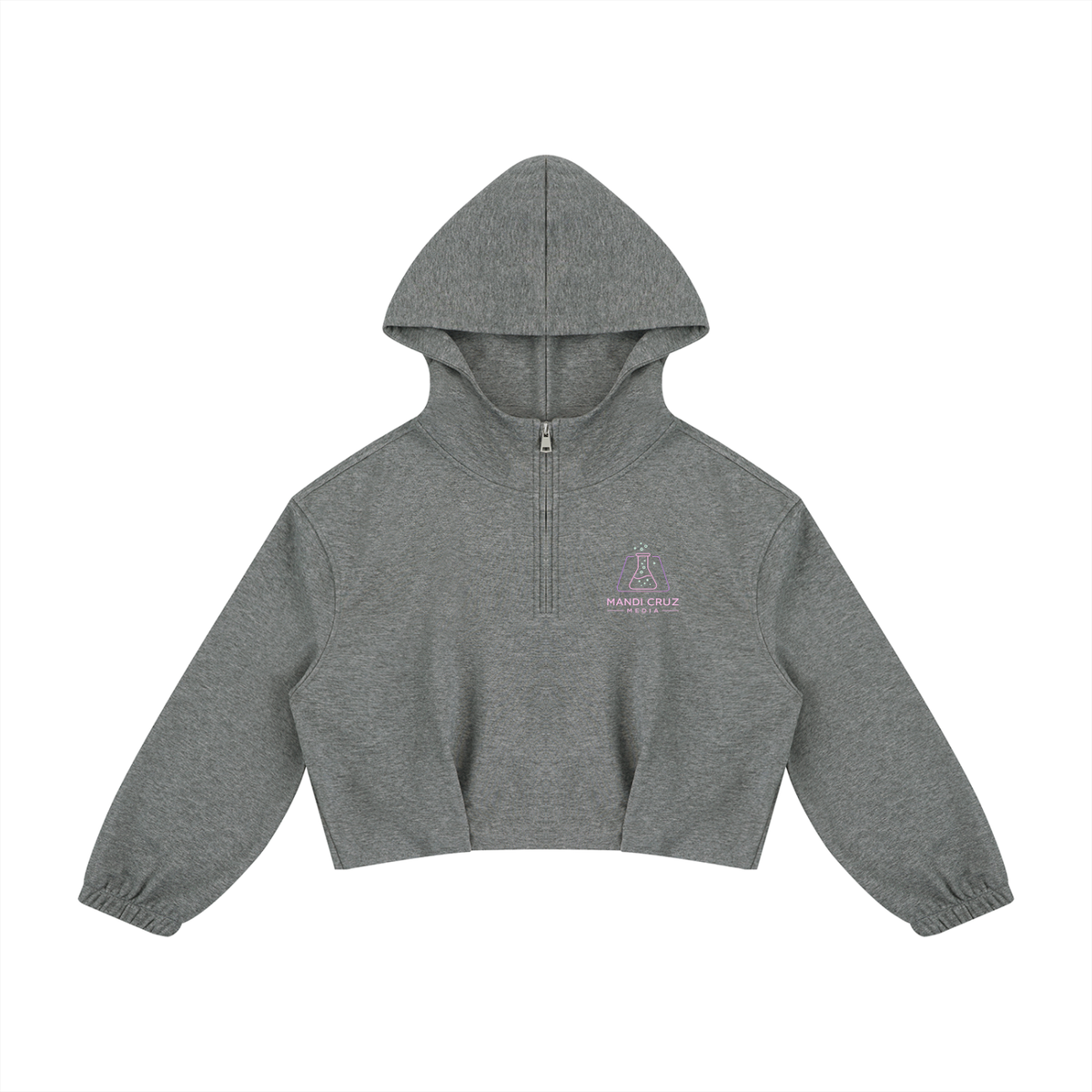 Front view of the Flower Gray Science Meets Stardust™ Women’s Boxy Quarter-Zip Hoodie featuring the small Mandi Cruz Media laboratory flask graphic.