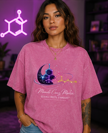 Lifestyle view of the Mandi Cruz Media Science Meets Stardust™ oversized acid wash tee combining cannabinoid science artwork with cosmic streetwear styling.