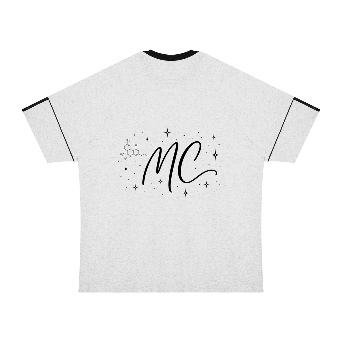 Back view of Flower Gray and black Mandi Cruz Media Signature™ Raglan Tee featuring the MC monogram, molecule, and celestial star graphic.