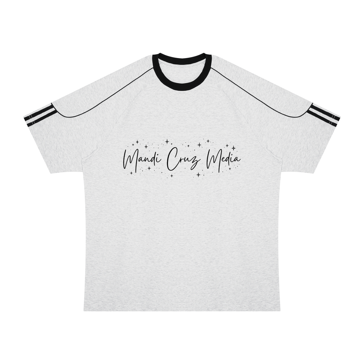 Front view of Flower Gray and black Mandi Cruz Media Signature™ Color Block Raglan Tee featuring the Mandi Cruz Media celestial script graphic.