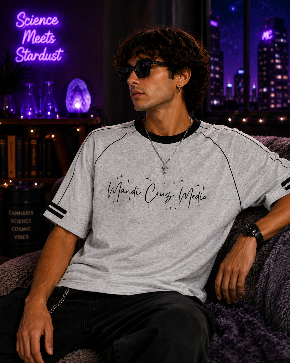 Front lifestyle view of a male model wearing the light gray Mandi Cruz Media Signature™ Color Block Raglan Tee with black trim and celestial script graphic in a cosmic setting.