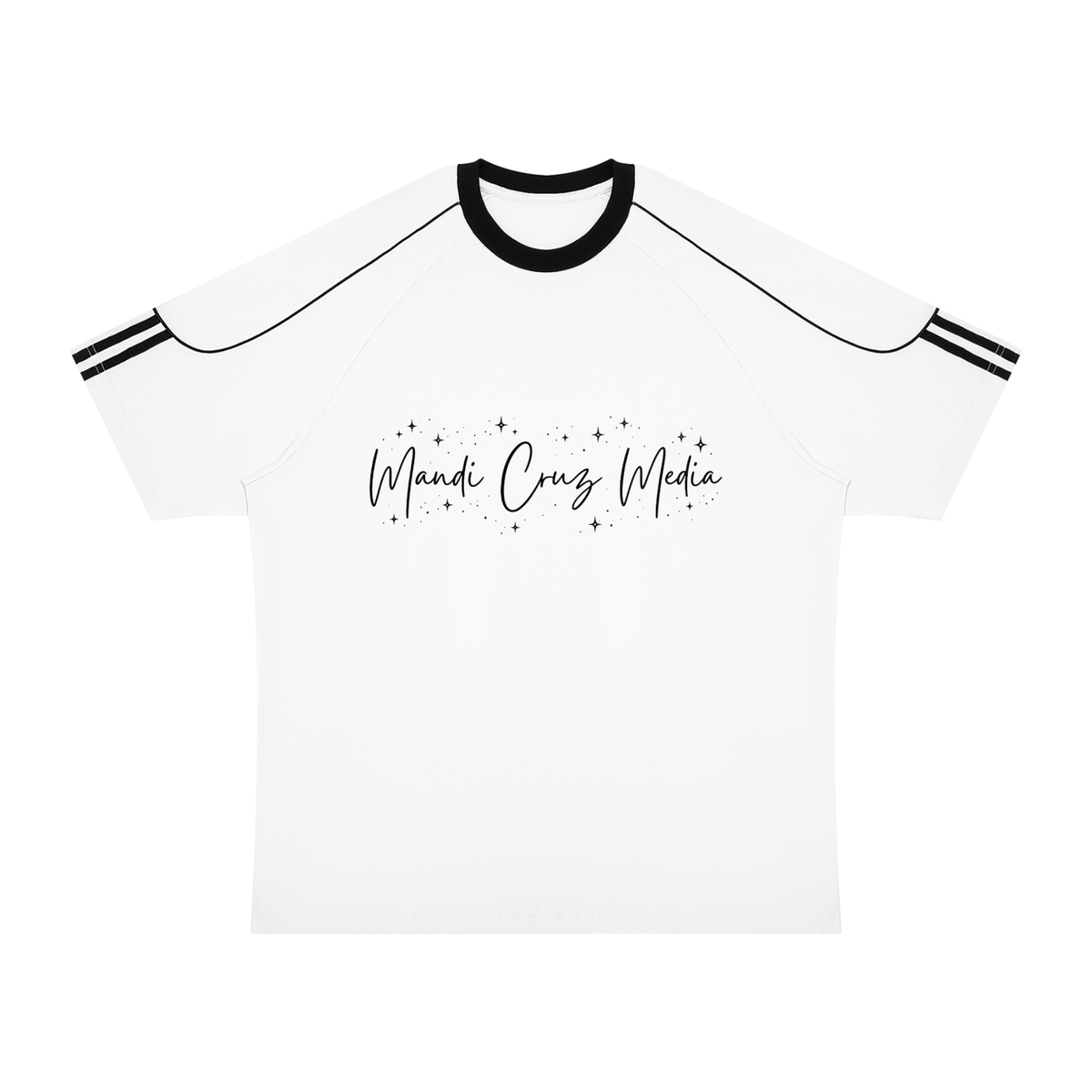 Front view of white and black Mandi Cruz Media Signature™ Color Block Raglan Tee featuring the Mandi Cruz Media celestial script graphic.