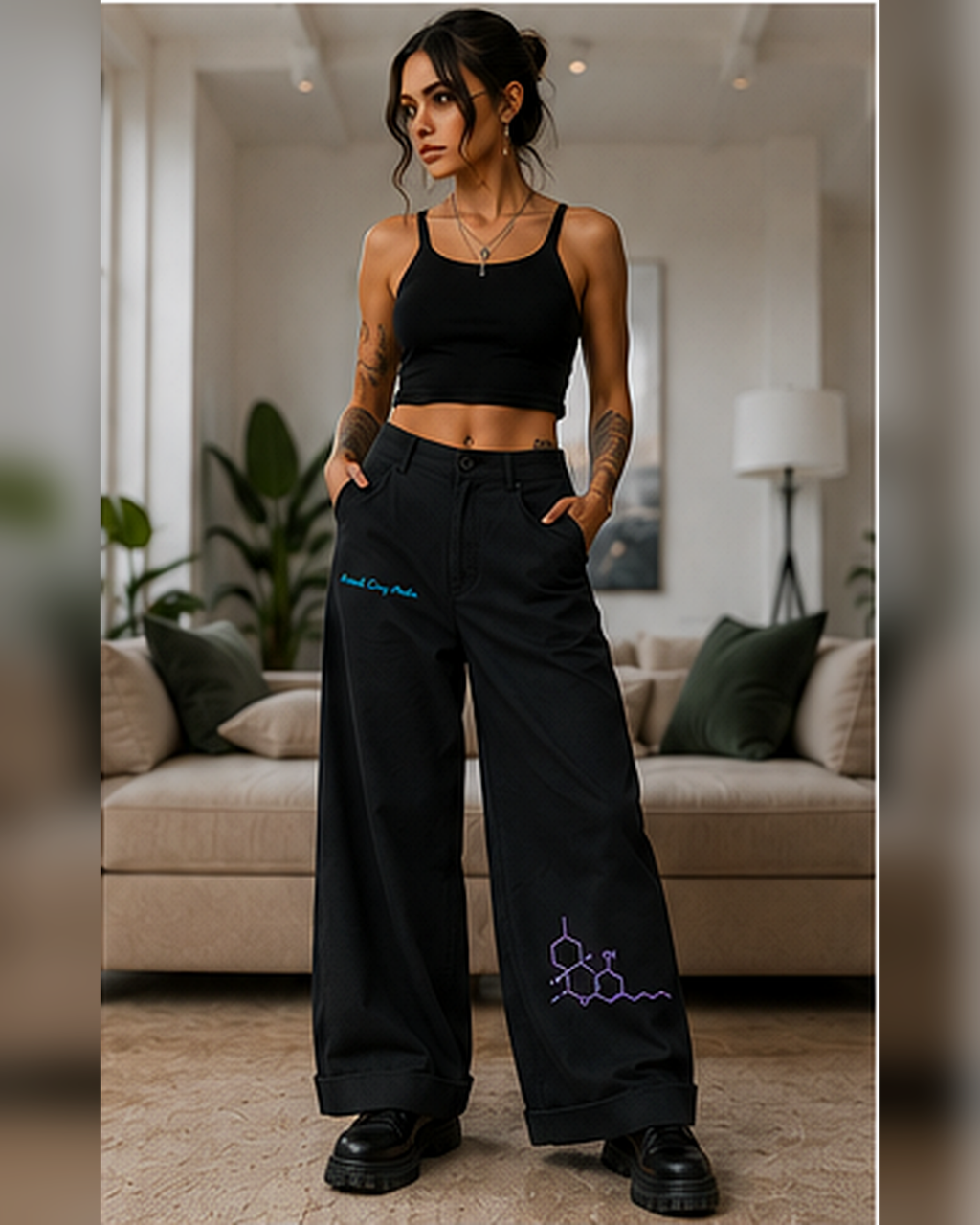 Woman wearing black Mandi Cruz Media TENCEL™ wide-leg trousers with blue and purple science-inspired graphics in a relaxed home setting.