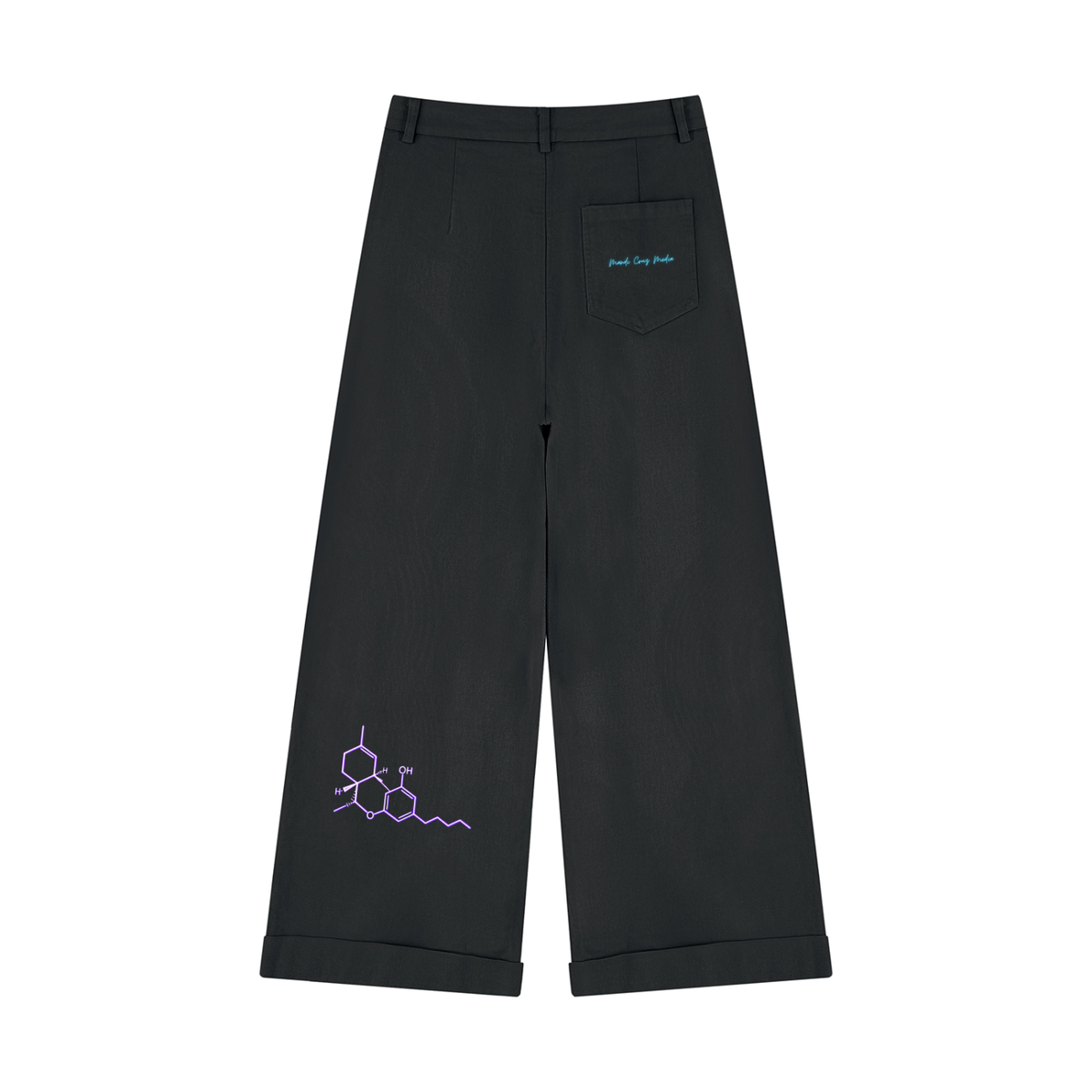 Back product view of black Mandi Cruz Media TENCEL™ Wide-Leg Trousers featuring purple molecular artwork and teal embroidered pocket branding.