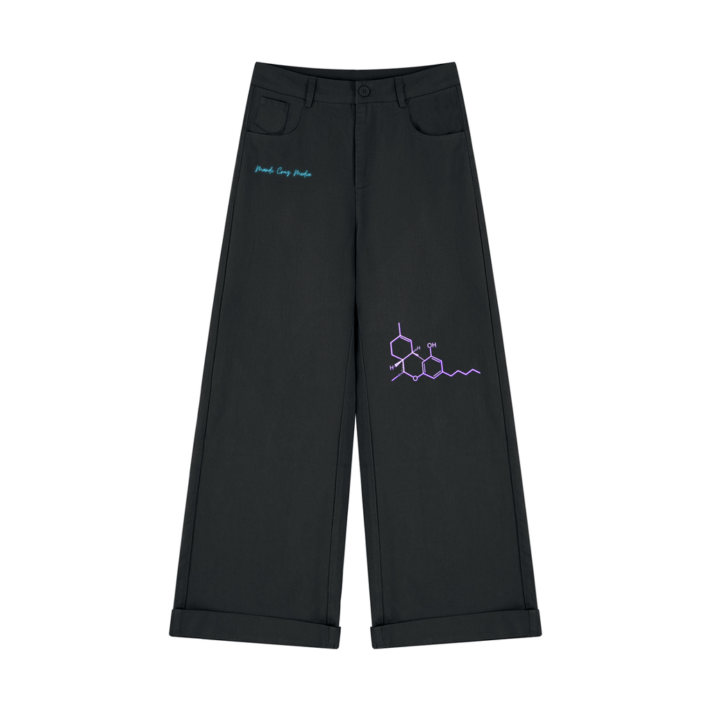 Black Mandi Cruz Media THC Molecule TENCEL™ Wide-Leg Trousers featuring purple molecular artwork and blue script branding.