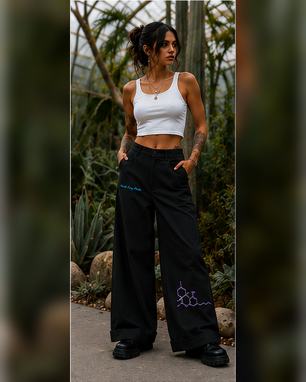 Woman wearing black THC Molecule TENCEL™ Wide-Leg Trousers with a white crop top and boots in a greenhouse garden setting.