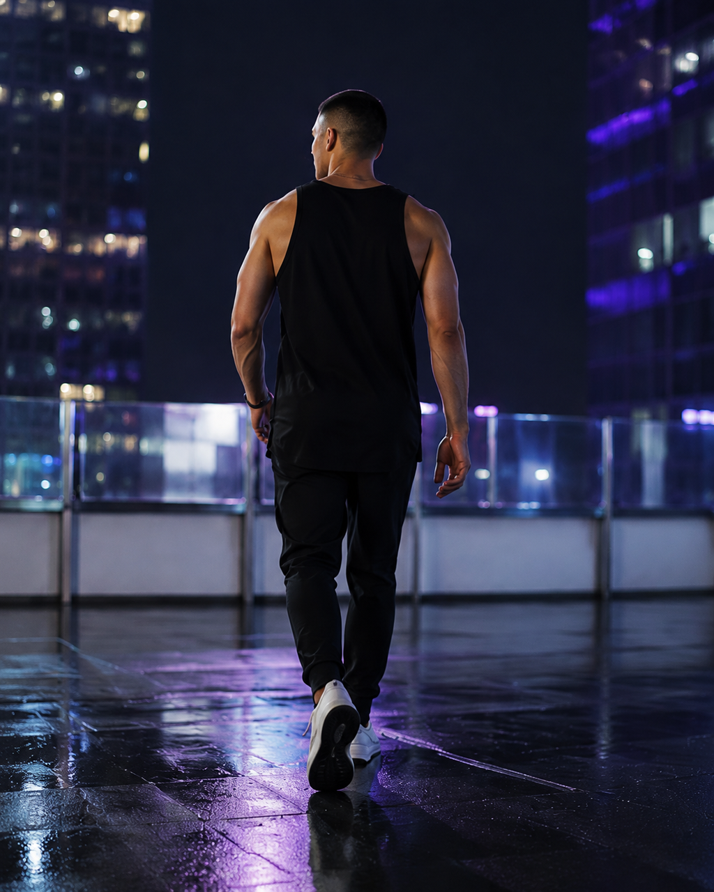 Rear lifestyle view of a male model wearing the blank-back black premium longline tank on a nighttime rooftop.