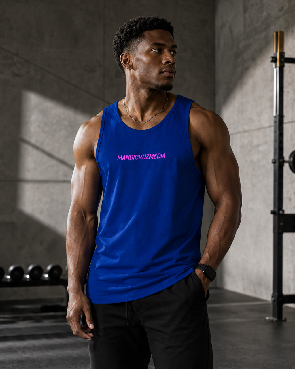 Male model wearing the Team Royal Mandi Cruz Media premium tank in a modern concrete training studio.