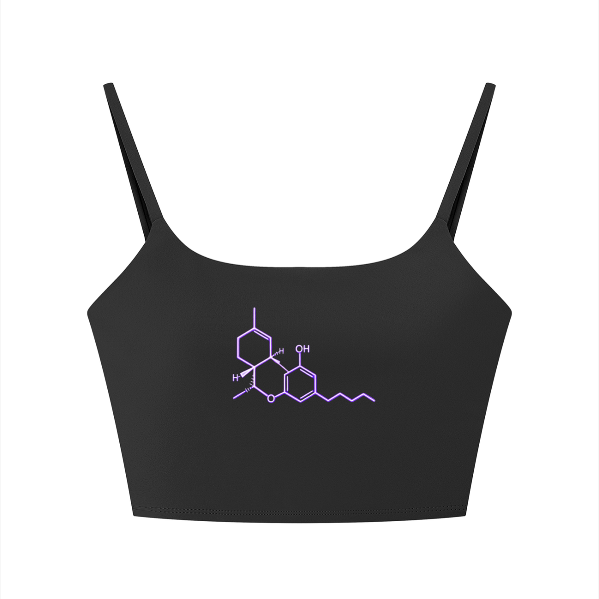 Front view of the black Neon THC Molecule Crop Tank featuring the THC molecular structure in neon-inspired linework.